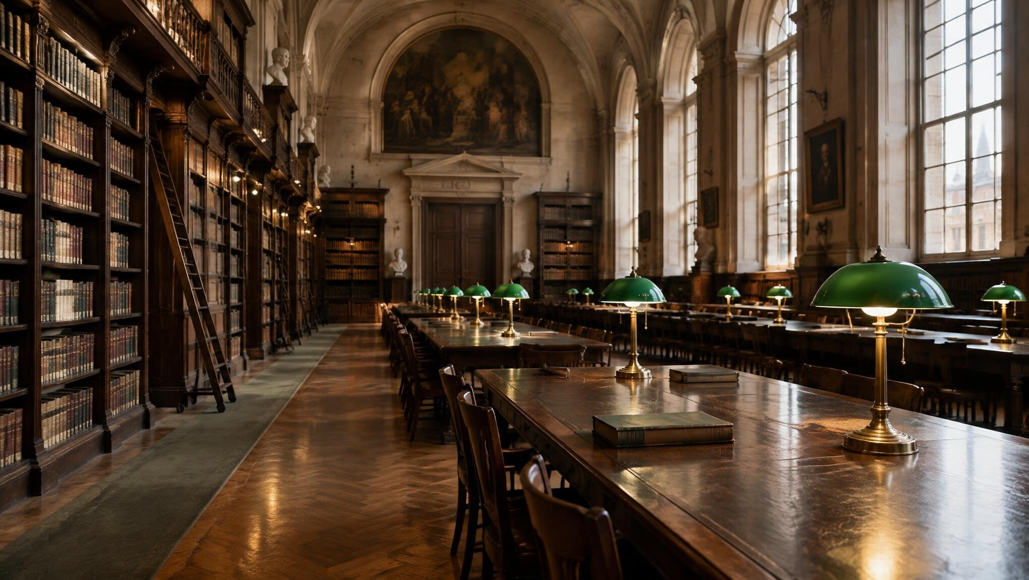 Quiet old library reading room with long wooden tables and warm lamps